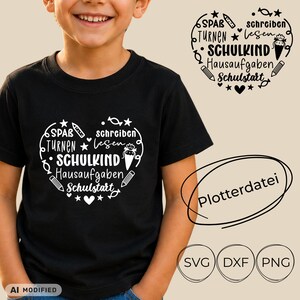 May include: A black t-shirt featuring a white heart-shaped graphic composed of German words including SPAB, TURNEN, SCHULKIND, Hausaufgaben, and Schulstart, surrounded by small icons of pencils, stars, hearts, and candies, with file format text.