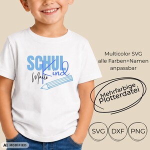 May include: A white short-sleeved t-shirt featuring a graphic design with the light blue text SCHUL, the blue cursive text Kind, the black cursive name Mailo, and a light blue pencil illustration. Text on the right reads Multicolor SVG.