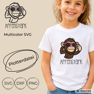 Könnte beinhalten: Ein weißes T-Shirt mit einer Grafik eines braunen Affen, der eine rosa Sonnenbrille trägt, und dem Text Affenstark darunter. Das Bild zeigt außerdem den Text Affenstark, Multicolor SVG, Plotterdatei sowie die Dateiformate SVG, DXF und PNG.