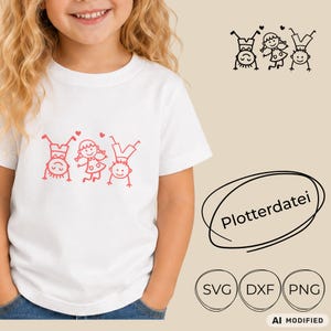 以下が含まれることがあります： 白いTシャツに、逆立ちをしている2人の子供と真ん中に立っている1人の子供の赤い線画グラフィックと、小さな赤いハートが描かれています。画像には黒い線画アイコンと「Plotterdatei」「SVG」「DXF」「PNG」というテキストも表示されています。