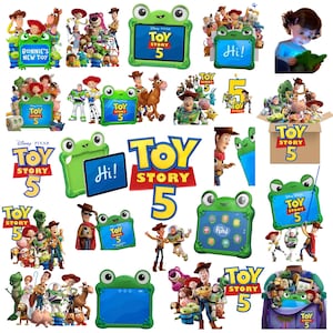 May include: A collection of Toy Story 5 digital stickers featuring Woody, Buzz Lightyear, and other characters, alongside a green frog-shaped tablet case, the Toy Story 5 logo, and various scenes of the characters interacting with the frog tablet.