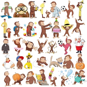 Puede incluir: Una colección de ilustraciones de Curious George que muestran al mono marrón en diversas actividades, como nadar, jugar al fútbol, comer helado, leer libros e interactuar con el Hombre del Sombrero Amarillo y otros personajes.