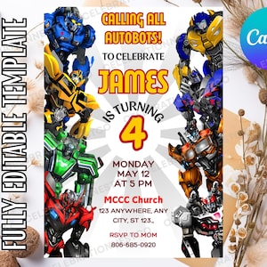 Può includere: Un modello di invito di compleanno con personaggi robotici colorati sui lati sinistro e destro. Il testo recita: CALLING ALL AUTOBOTS! TO CELEBRATE JAMES IS TURNING 4, MONDAY MAY 12 AT 5 PM, MCCC CHURCH, 123 ANYWHERE, ANY CITY, ST 123, RSVP TO MOM 806-685-0920.
