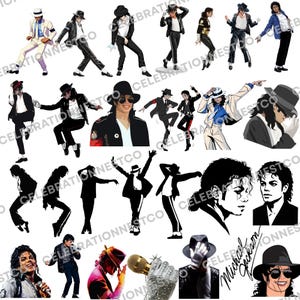 May include: A collection of illustrations featuring Michael Jackson in various iconic dance poses, outfits, and close-up portraits. The images include full-body figures in suits, fedoras, and gloves, alongside silhouettes and the signature Michael Jackson text.