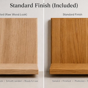 K&ouml;nnte beinhalten: Zwei quadratische Holzwandregale nebeneinander. Das linke Regal ist mit Uncoated (Raw Wood Look) beschriftet, darunter der Text: Natural wood look, Smooth sanded, Ready for use. Das rechte Regal ist mit Standard Finish beschriftet, darunter: Sanded, Finished, Protected, Ready for use. Die &Uuml;berschrift lautet Standard Finish (Included).