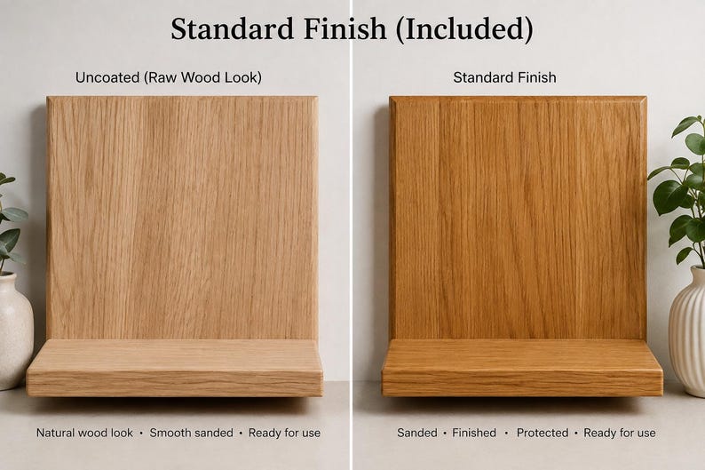 K&ouml;nnte beinhalten: Zwei quadratische Holzwandregale nebeneinander. Das linke Regal ist mit Uncoated (Raw Wood Look) beschriftet, darunter der Text: Natural wood look, Smooth sanded, Ready for use. Das rechte Regal ist mit Standard Finish beschriftet, darunter: Sanded, Finished, Protected, Ready for use. Die &Uuml;berschrift lautet Standard Finish (Included).