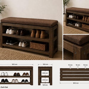 K&ouml;nnte beinhalten: Eine Schuhbank aus dunkler Eiche mit braunem Polstersitz und zwei offenen Regalf&auml;chern. Die Bank ist 900 mm breit, 350 mm tief und 450 mm hoch. Sie verf&uuml;gt &uuml;ber ein Lattenrost-Design mit 15 mm breiten Abst&auml;nden zwischen den Holzlatten.