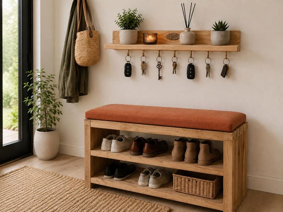 Shoe Storage Bench & Wall Shelf Set,whitewood, Osmo Hardwax Oil Cushion