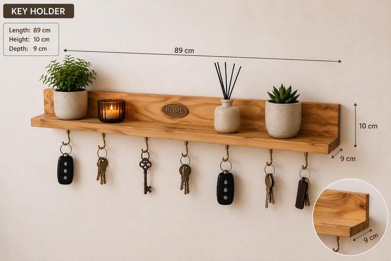 K&ouml;nnte beinhalten: Ein hellbraunes Wandregal aus Holz als Schl&uuml;sselhalter mit sieben messingfarbenen Haken. Das Regal verf&uuml;gt &uuml;ber ein zentrales ovales Schild mit der Aufschrift HOME. Es ist 89 cm lang, 10 cm hoch und 9 cm tief und h&auml;lt verschiedene Schl&uuml;ssel.