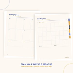 Może przedstawiać: Dwie strony cyfrowego planera z Weekly Spread i Monthly Log. Weekly Spread zawiera kolumny dzienne oraz sekcje na priorytety i notatki. Monthly Log przedstawia kalendarz w formie siatki z zakładkami po prawej stronie do nawigacji.