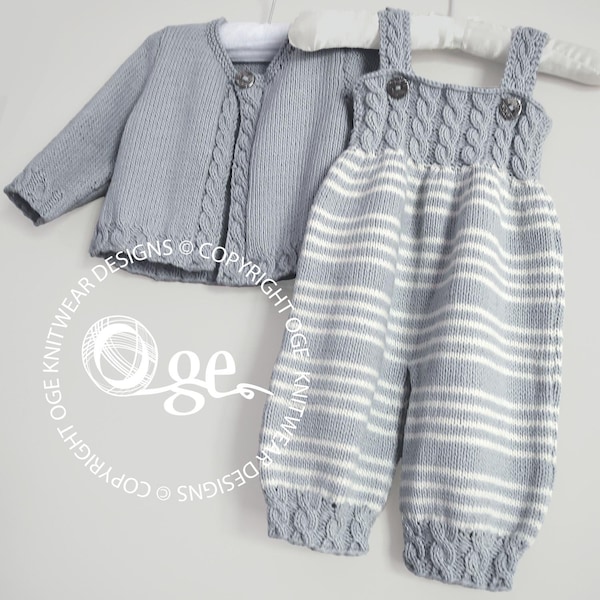 KNITTING PATTERN-Baby Overalls with detailed cabled bodice and matching sweater - P037