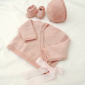 KNITTING PATTERN-Baby girl cross over ballerina top with matching bonnet and shoes P028 image 1