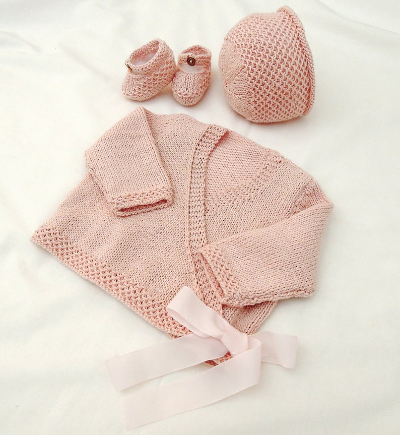 KNITTING PATTERN-Baby girl cross over ballerina top with matching bonnet and shoes P028 image 1