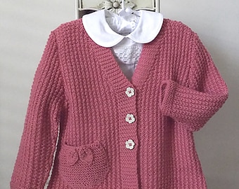 KNITTING PATTERN-Little girls textured V neck cardigan with detailed pocket/s P050