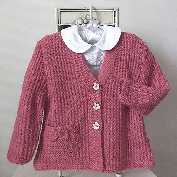 KNITTING PATTERN-Little girls textured V neck cardigan with detailed pocket/s P050