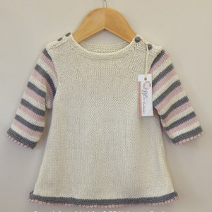 KNITTING PATTERN-Baby girls dress with picot hem and stripe sleeves P022
