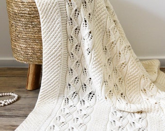 KNITTING PATTERN-Baby blanket with delicate leaf and bobble panels, sure to become a treasured heirloom - P041