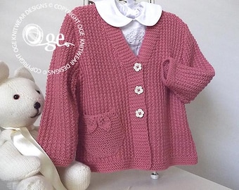 KNITTING PATTERN-Little girls textured V neck cardigan with detailed pocket/s P050