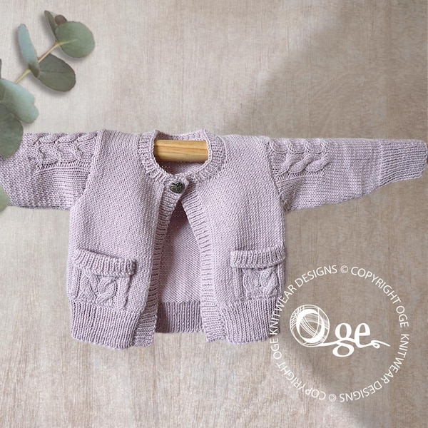 KNITTING PATTERN-Child’s Cardigan with cable detail on sleeves and pockets - P065.