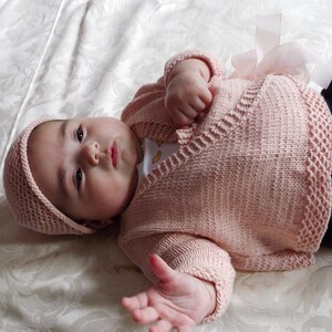 KNITTING PATTERN-Baby girl cross over ballerina top with matching bonnet and shoes P028 image 2