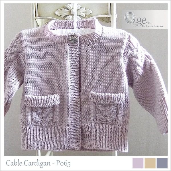 KNITTING PATTERN-Child’s Cardigan with cable detail on sleeves and pockets - P065.