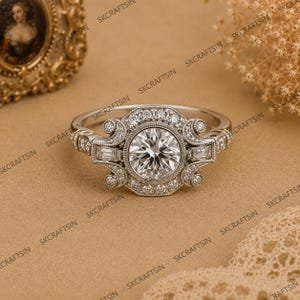 Puede incluir: Un anillo de tono plateado con una piedra central redonda de talla brillante rodeada por un halo de piedras redondas más pequeñas. El engaste incluye dos piedras de talla baguette a los lados y detalles de volutas con bordes milgrain.