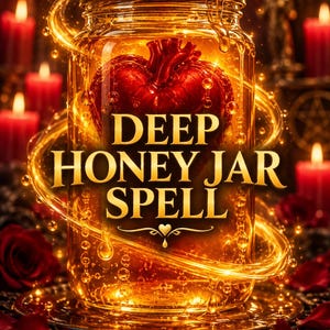 Pode incluir: Um frasco de vidro transparente cheio de mel dourado contendo um coração anatômico vermelho realista. O texto DEEP HONEY JAR SPELL está impresso em letras douradas na frente. Rastros de luz dourada giratórios cercam o frasco, com velas vermelhas.