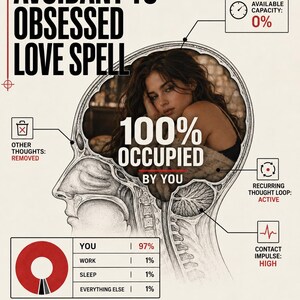 Puede incluir: Un póster gráfico titulado AVOIDANT TO OBSESSED LOVE SPELL con un boceto anatómico de una cabeza en blanco y negro y la foto de una persona en su interior. El texto incluye 100% OCCUPIED BY YOU, AVAILABLE CAPACITY: 0% y un gráfico de datos.