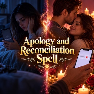 Peut inclure: Un graphique numérique intitulé Apology and Reconciliation Spell avec une composition divisée. À gauche, une personne regarde un téléphone affichant No Messages. À droite, une personne reçoit un message I'm sorry avec un émoji cœur.