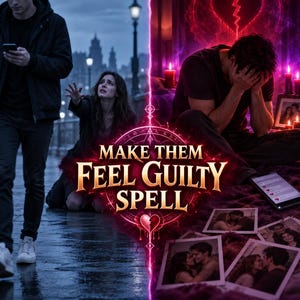 May include: A split-screen digital graphic titled MAKE THEM FEEL GUILTY SPELL. The left side shows a person walking away from a reaching person on a wet street. The right side shows a person sitting in distress with photos and candles.