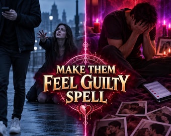 May include: A split-screen digital graphic titled MAKE THEM FEEL GUILTY SPELL. The left side shows a person walking away from a reaching person on a wet street. The right side shows a person sitting in distress with photos and candles.