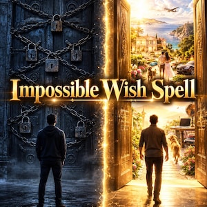 May include: A poster titled Impossible Wish Spell featuring a split composition. On the left, a person stands before a dark, chained door with multiple padlocks. On the right, a person walks through an open door into a bright, sunny coastal landscape.