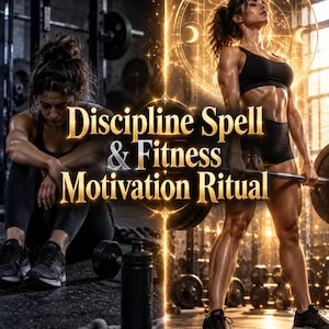 Puede incluir: Una composición de pantalla dividida con una persona en ropa deportiva negra en un gimnasio. A la izquierda, la persona está sentada en el suelo. A la derecha, está de pie sosteniendo una barra. El texto dice Discipline Spell & Fitness Motivation Ritual.