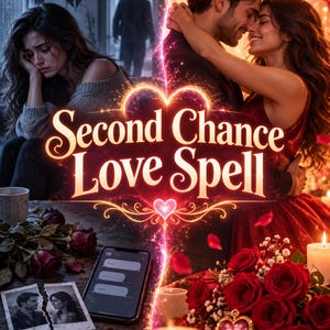 Puede incluir: Una portada de libro titulada Second Chance Love Spell con una composición dividida. A la izquierda, una mujer sentada sola junto a un corazón roto y una foto rasgada. A la derecha, una pareja se abraza entre rosas rojas y velas encendidas.