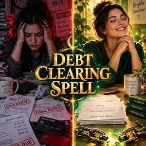Może przedstawiać: Podzielona grafika z napisem Debt Clearing Spell. Po lewej stronie widać zestresowaną osobę z zaległymi rachunkami i kartami kredytowymi. Po prawej uśmiechniętą osobę z opłaconymi dokumentami, zerowym saldem i zerwanymi złotymi łańcuchami.