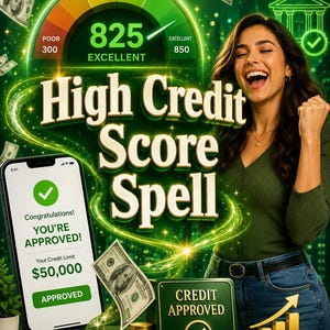 May include: A digital graphic featuring a credit score gauge at 825, the text High Credit Score Spell, and a smartphone displaying Congratulations! YOU'RE APPROVED! Your Credit Limit $50,000. Includes floating 100 dollar bills and gold coins.