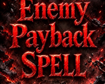 May include: The text Enemy Payback SPELL is displayed in a bold, metallic red font against a dark, fiery background. The scene features cracked, glowing lava-like ground, dark smoke, floating debris, and heavy metal chains in the corners.