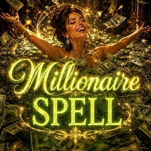 Puede incluir: Una persona con los brazos extendidos, rodeada de billetes de dólar flotantes, con el texto amarillo brillante Millionaire SPELL centrado en primer plano. La escena presenta acentos de luz dorada y un fondo oscuro y opulento.