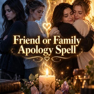 Puede incluir: Una ilustración digital titulada Friend or Family Apology Spell que muestra a dos mujeres en una escena de antes y después. A la izquierda, están de espaldas con semblante serio. A la derecha, se abrazan. Debajo, una vela con un símbolo de triple luna.