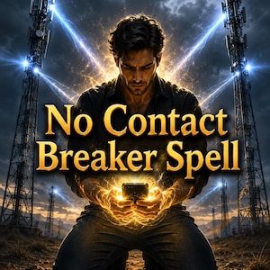 May include: A person kneeling in a dark landscape with two tall communication towers in the background. The person holds a glowing smartphone emitting golden energy. The text 'No Contact Breaker Spell' is displayed in large gold letters in the center.
