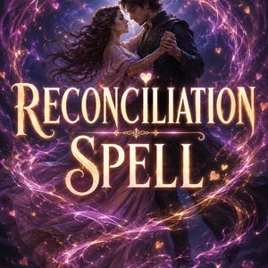 Puede incluir: Una ilustración de fantasía que muestra a una pareja bailando dentro de un vórtice de energía mágica púrpura y dorada. El texto RECONCILIATION SPELL aparece en letras doradas grandes y ornamentadas. Pequeños corazones brillantes flotan.