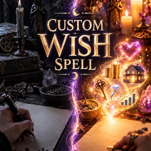 Może przedstawiać: Cyfrowa grafika z napisem CUSTOM WISH SPELL złotymi literami. Obraz przedstawia pergamin, świece oraz świecące ikony przedstawiające serce, monety, dom, klucz, pierścionek z diamentem oraz rosnący wykres słupkowy.