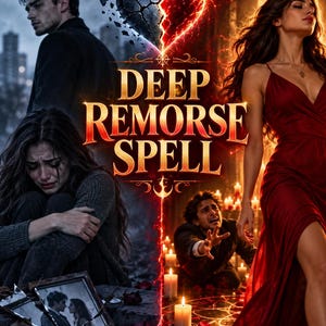 May include: A digital illustration titled DEEP REMORSE SPELL featuring a split composition. On the left, a person in a grey sweater sits crying near a broken picture frame. On the right, a person in a red dress stands while another reaches out amidst candles.