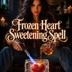 Può includere: Una persona tiene in mano un barattolo di vetro e versa miele dorato su un cuore rosso racchiuso in un grande cubetto di ghiaccio trasparente, usando un cannello a gas per sciogliere il ghiaccio. Il testo Frozen Heart Sweetening Spell è in oro.