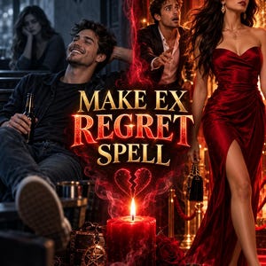 以下が含まれることがあります： 金色の文字でMAKE EX REGRET SPELLと書かれたデジタルイラスト。赤いサテンのドレスを着た人物、ボトルを持った暗いシャツの人物、スーツを着た人物、燃える赤いキャンドル、そして壊れたハートのアイコンが描かれています。