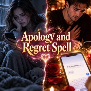 May include: A digital illustration featuring the text Apology and Regret Spell, showing a person looking sad while holding a smartphone and a person looking distressed with a hand on their chest, with a phone screen displaying the text I'm so sorry.