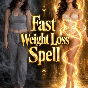Op de afbeelding: Een digitale afbeelding met de tekst Fast Weight Loss Spell in gouden letters. Links draagt een figuur een grijs hemdje en een grijze joggingbroek in donkere rook. Rechts draagt een figuur een beige kanten korset en bijpassend ondergoed.