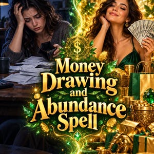 Könnte beinhalten: Eine digitale Grafik mit dem Text Money Drawing and Abundance Spell in goldener Schrift. Das Bild zeigt zwei gegensätzliche Szenen: eine Person, die gestresst über Rechnungen und einem leeren Geldbeutel wirkt, und eine Person, die Bargeld hält.