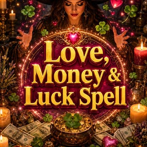 May include: A digital illustration featuring the text Love, Money & Luck Spell in gold lettering. The scene includes a cauldron filled with gold coins, scattered US dollar bills, glowing red hearts, green clover leaves, and lit candles.