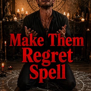 May include: A person in a black shirt kneels on a floor with a white circular occult symbol, surrounded by lit candles. The text "Make Them Regret Spell" is displayed in large red letters over the person who has their hands raised and face up.